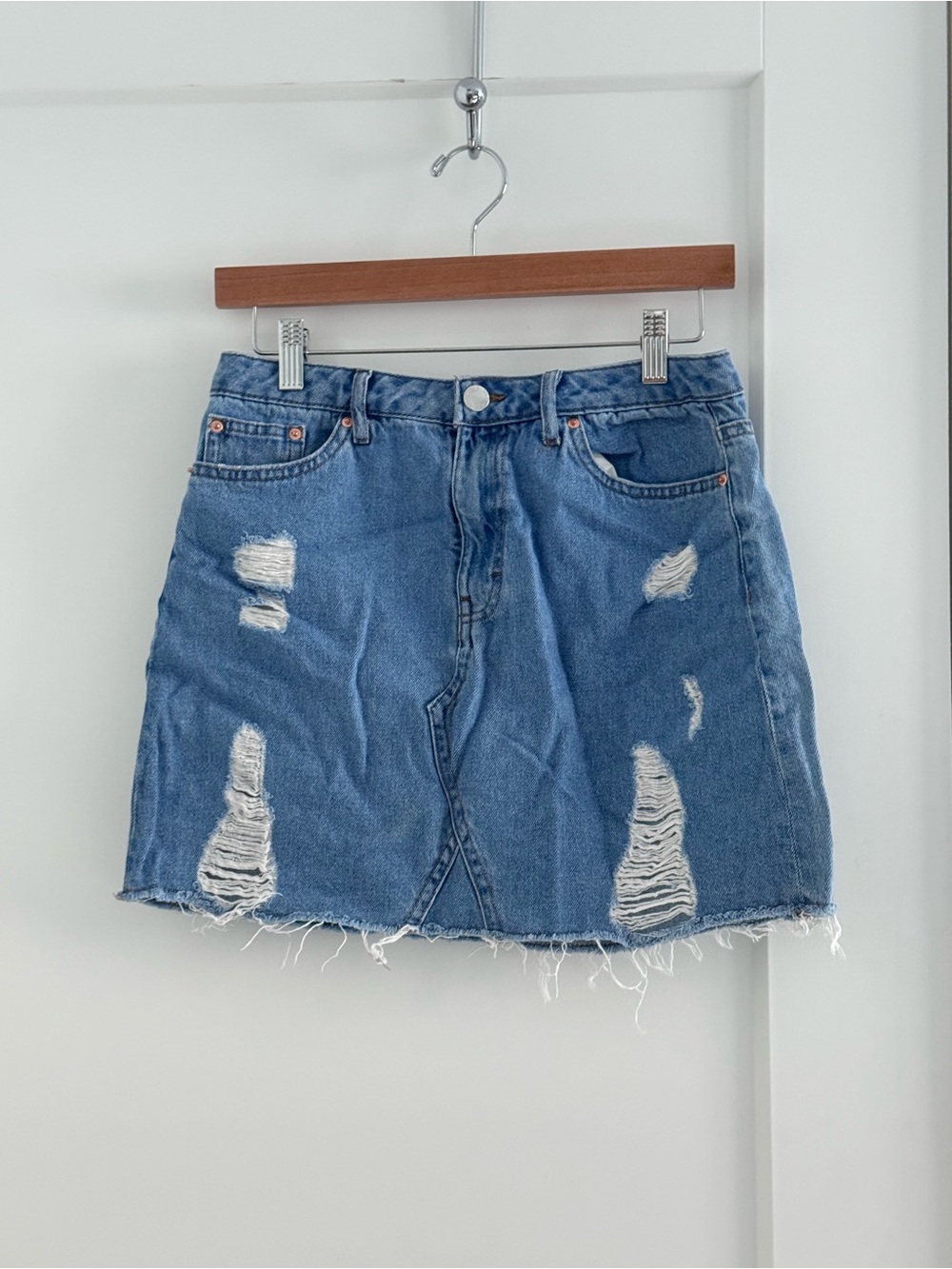 H&M Light Blue Distressed Denim Mini Skirt
